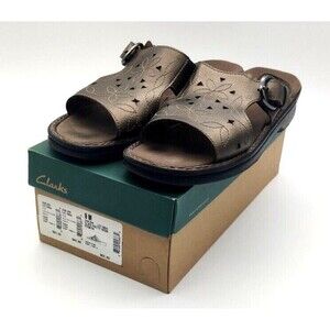 Clarks Womens Patty Anne Slides Sandals Pewter Gray Cutout Leather Slip Ons 9 M